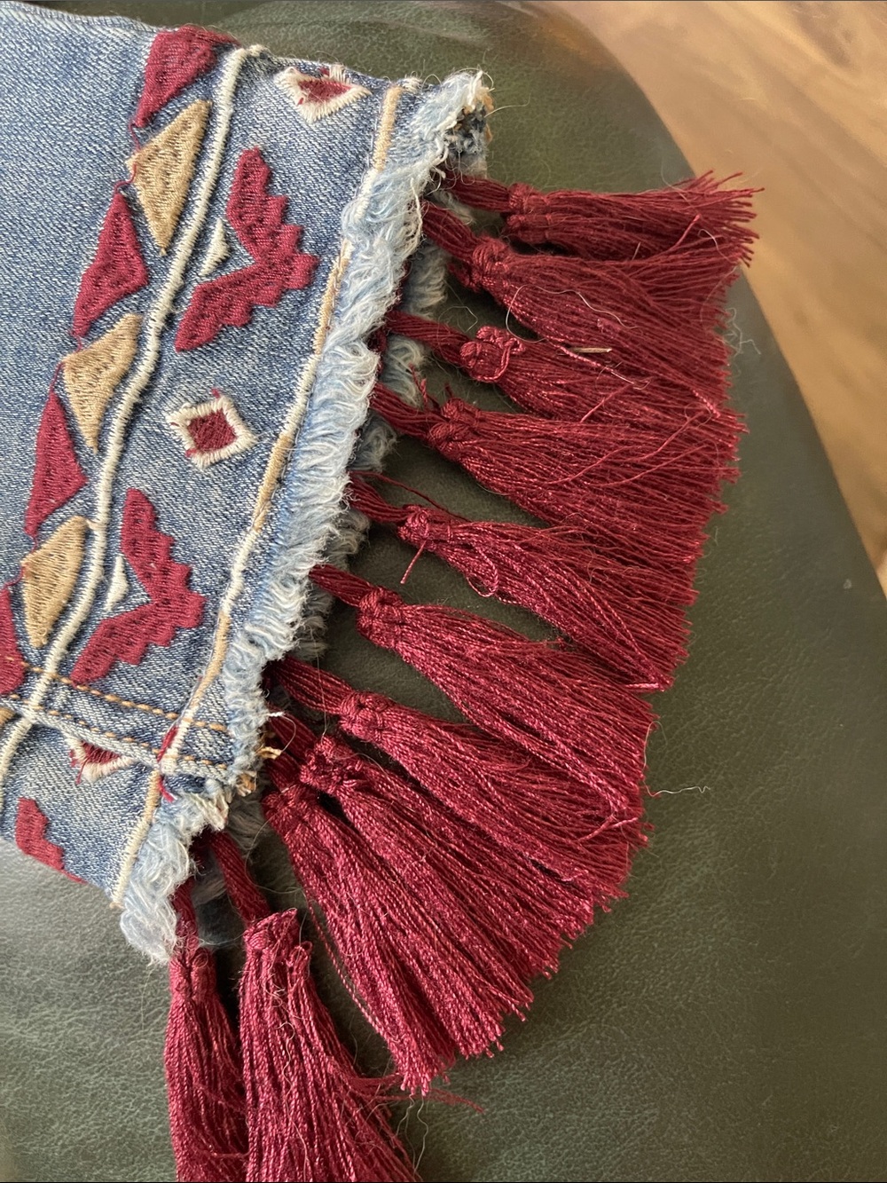 Coco + Carmen Light Blue Cropped Jeans with Burgundy Fringe